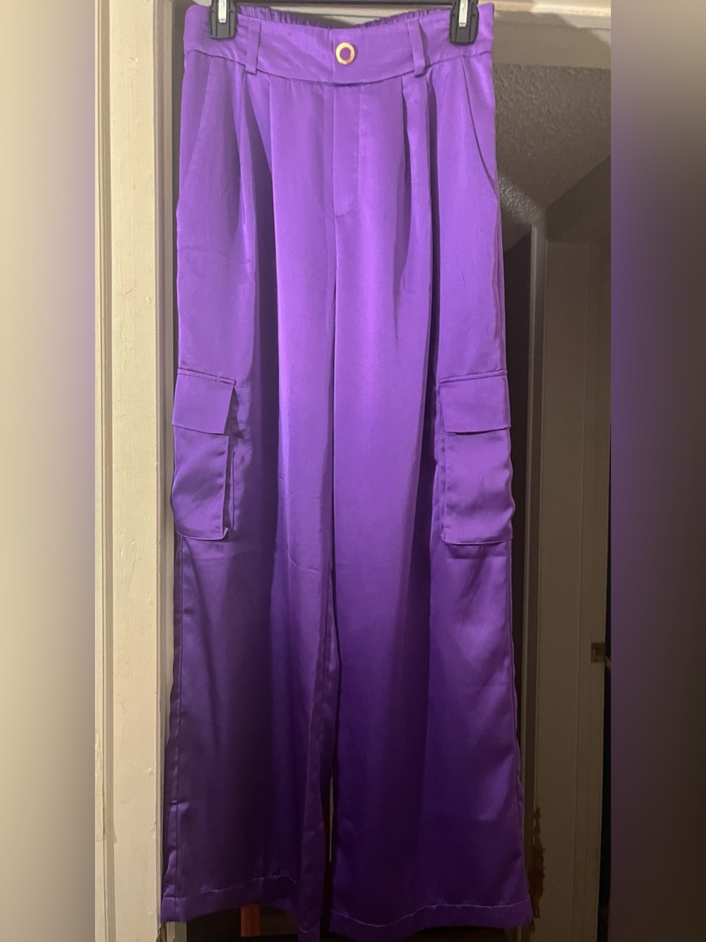 Tulle Purple Women’s Elastic Waist.Cargo pants with Button Accent